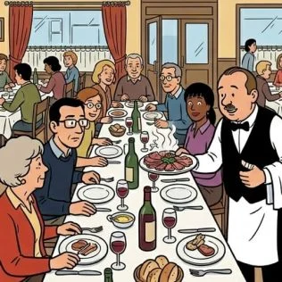 dejeuner-familial-au-restaurant-111z6p-panel1 Au restaurant, Roger sert l’entrée avec un détail en trop — illustration 1