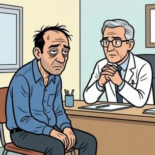histoire-docteur-sante-27-panel1 Un homme va consulter son docteur avec un air complètement exténué.. — illustration 1