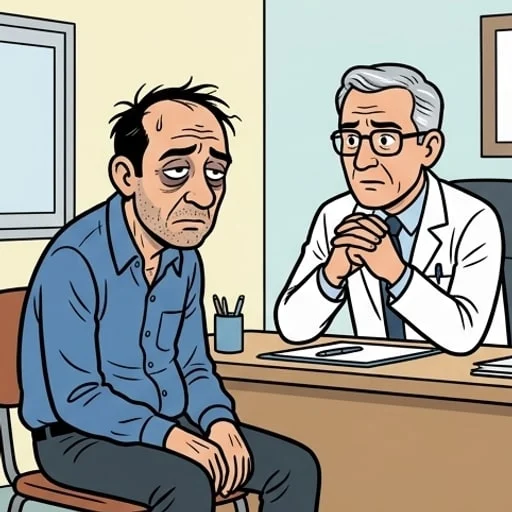 Un homme va consulter son docteur avec un air complètement exténué.. — illustration 1