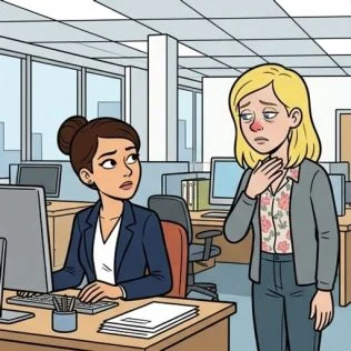 histoire-femme-2-panel1 Une femme travaille dans son bureau, quand elle voit son amie. — illustration 1