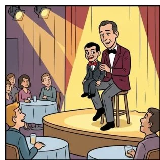 la-blonde-et-le-ventriloque-111z6p-panel1 La blonde interrompt le ventriloque en pleine tournée — illustration 1
